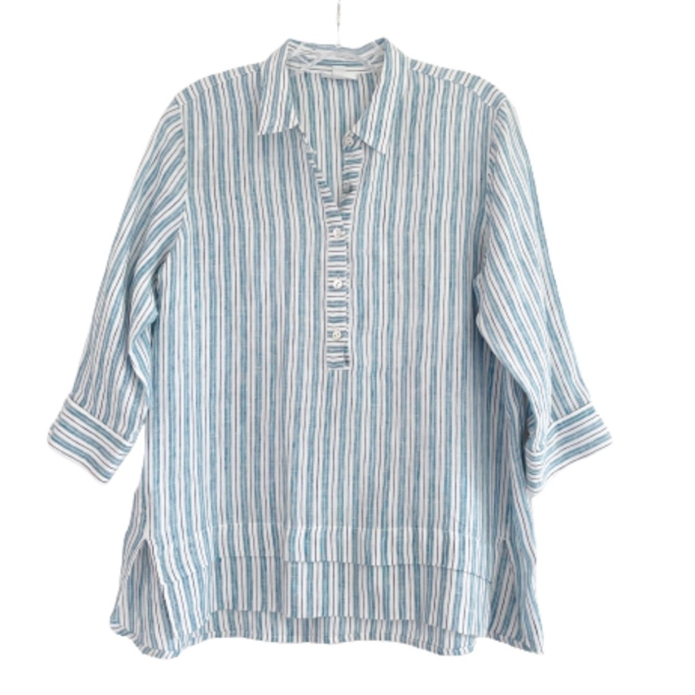 J. Jill Linen Top Blue White Stripes Small Petite